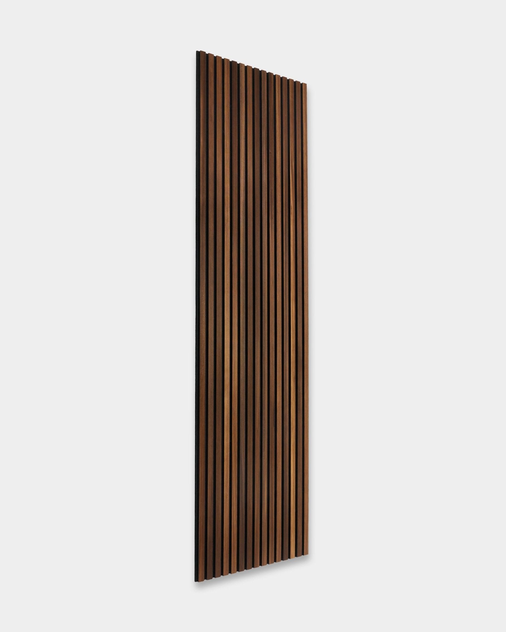 WoodUpp Rustic Akupanel, a 300x60 cm smoked larch acoustic panel with vertical slats, features a minimalist Scandinavian design for wall installation.