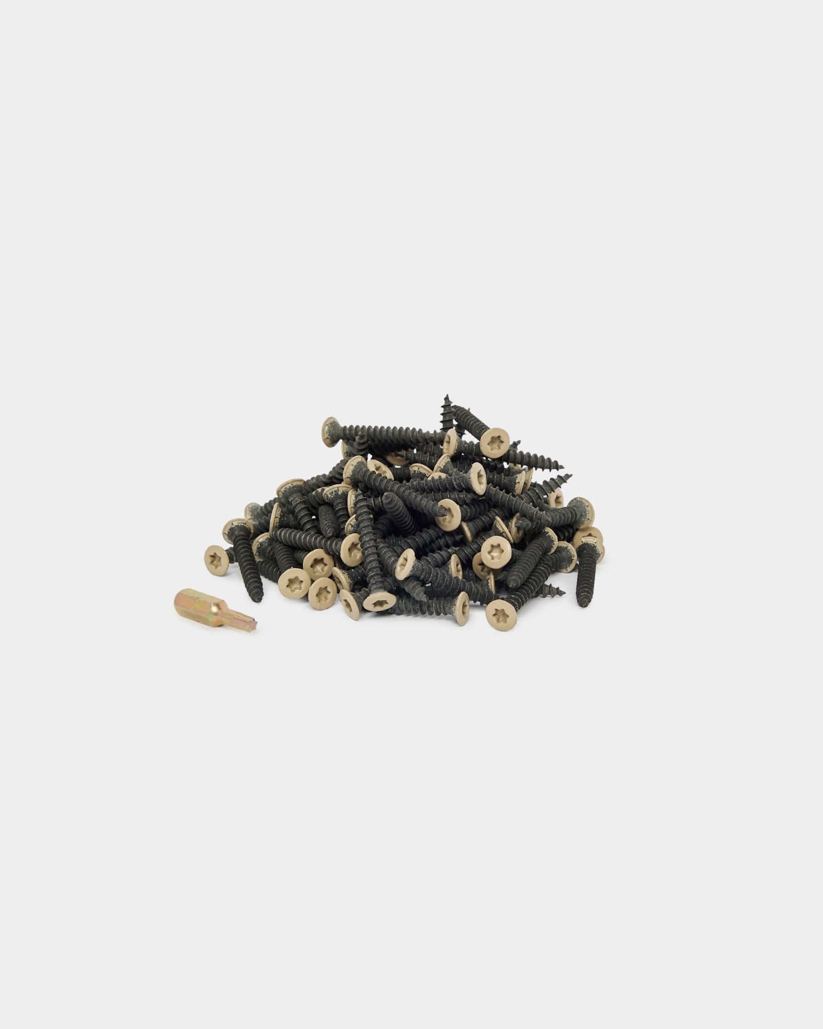 100 beige screws and a wall plug for installing WoodUpp acoustic panels, displayed on a plain white background.