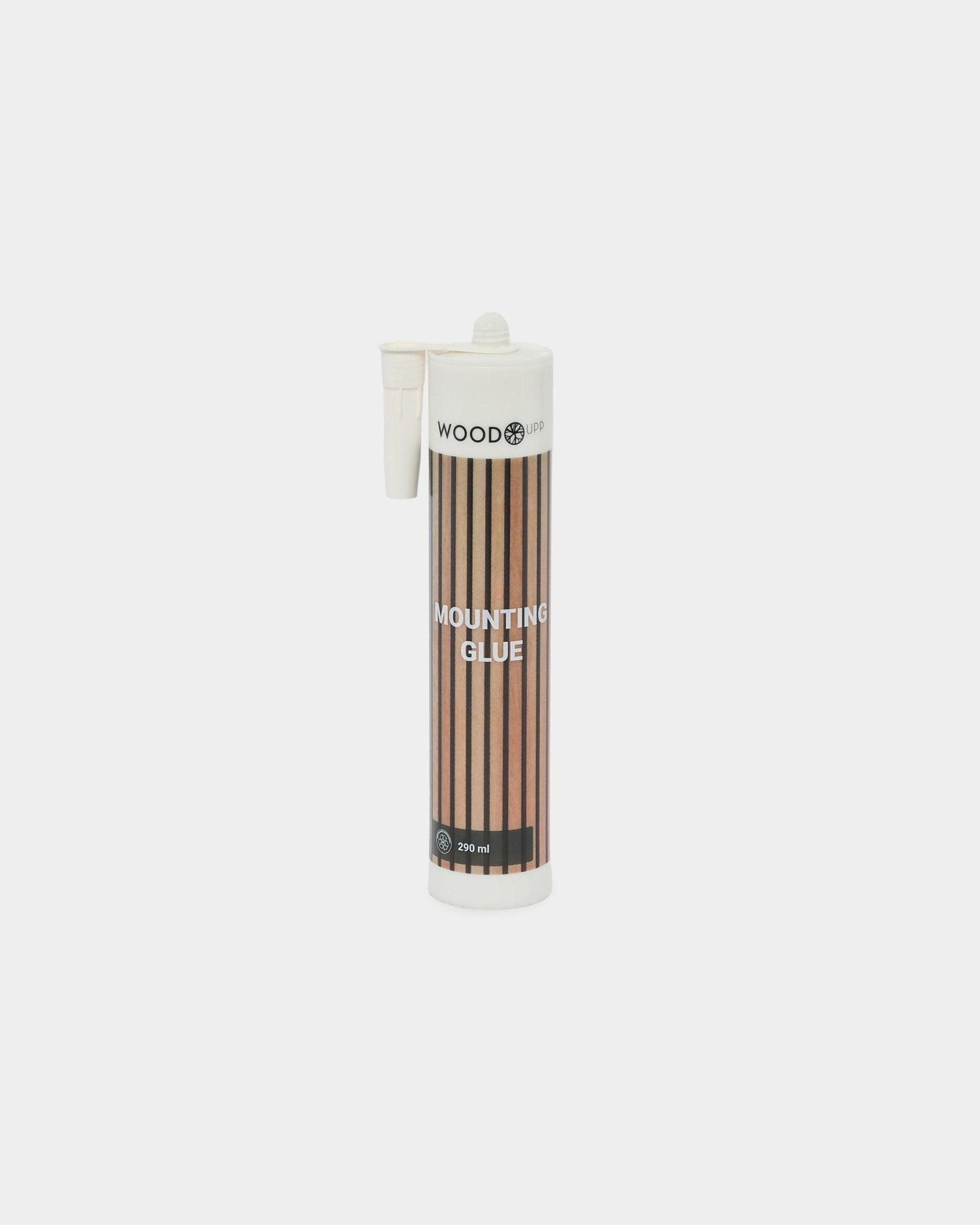 290 ml tube of WoodUpp Mounting Glue with a brown-striped label and applicator nozzle, designed for secure installation of Akupanel acoustic panels.