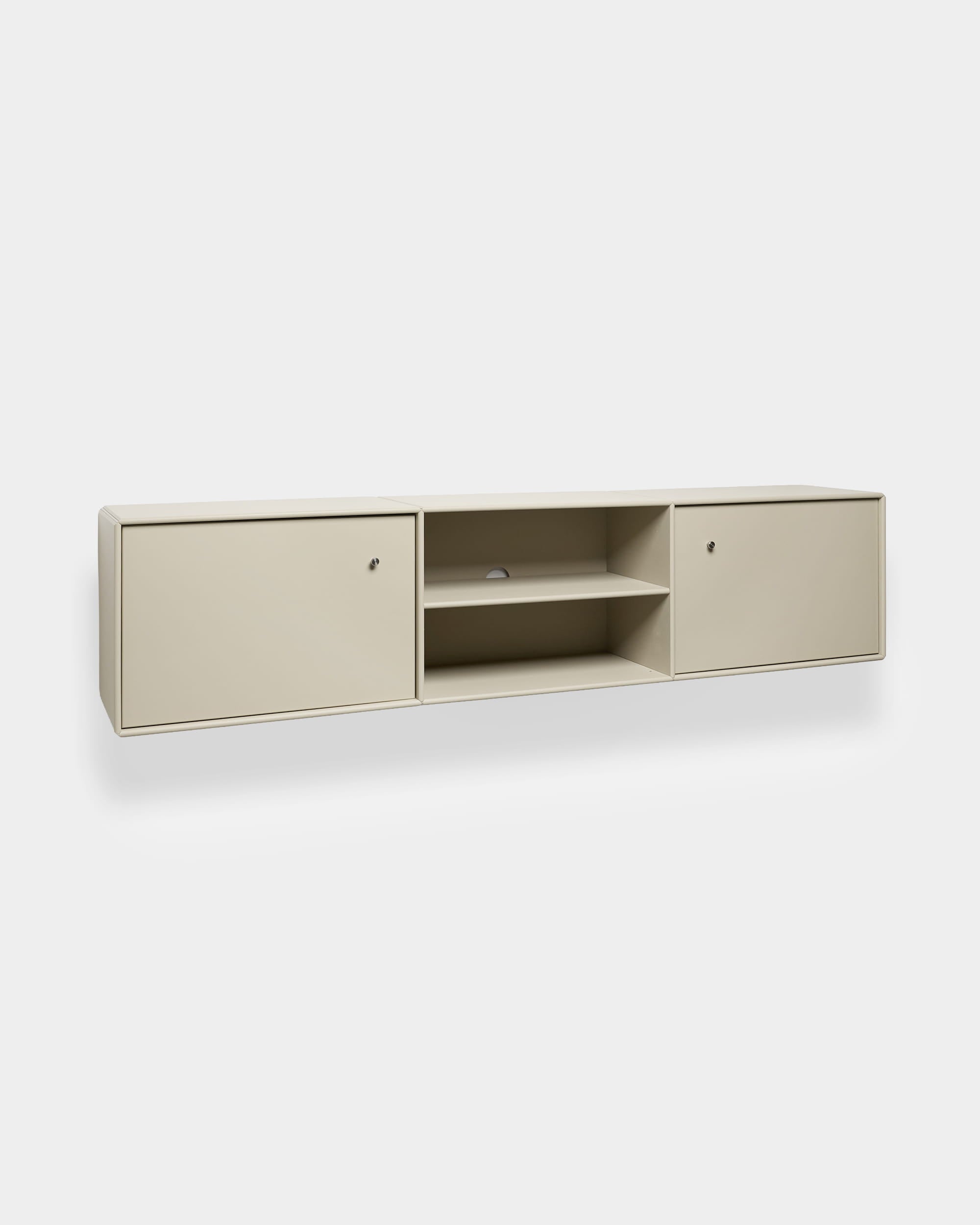 Beige Arka TV Console by WoodUpp with modular design, two closed cabinets, open center shelves, and built-in cable management for organized media storage.