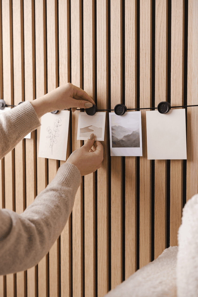 A person attaches photos and sketches to the Vindar | Gallery String by WoodUpp, using neodymium clips on a Nordic Akupanel acoustic wood slat panel.