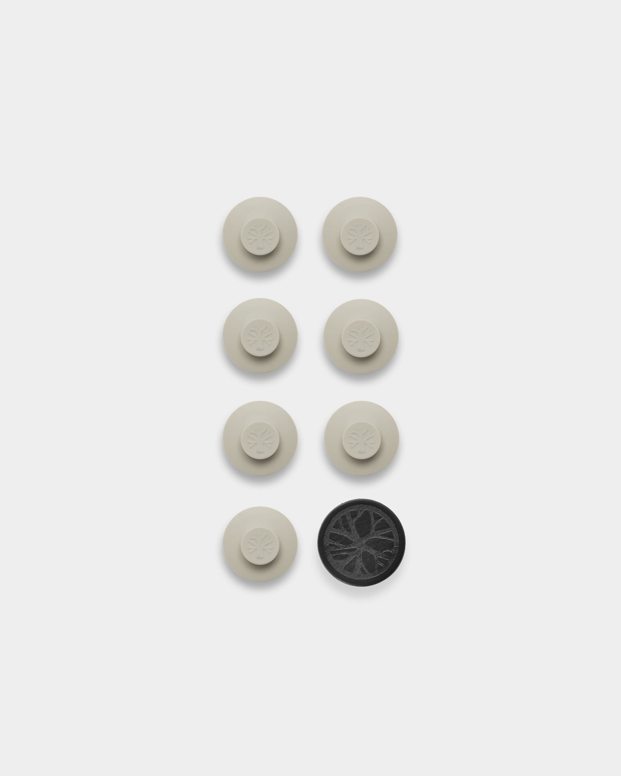 Dupps by WoodUpp: 7 beige round buttons (Light) and 1 tool for mounting acoustic panels using nylon hooks or Akupanel.