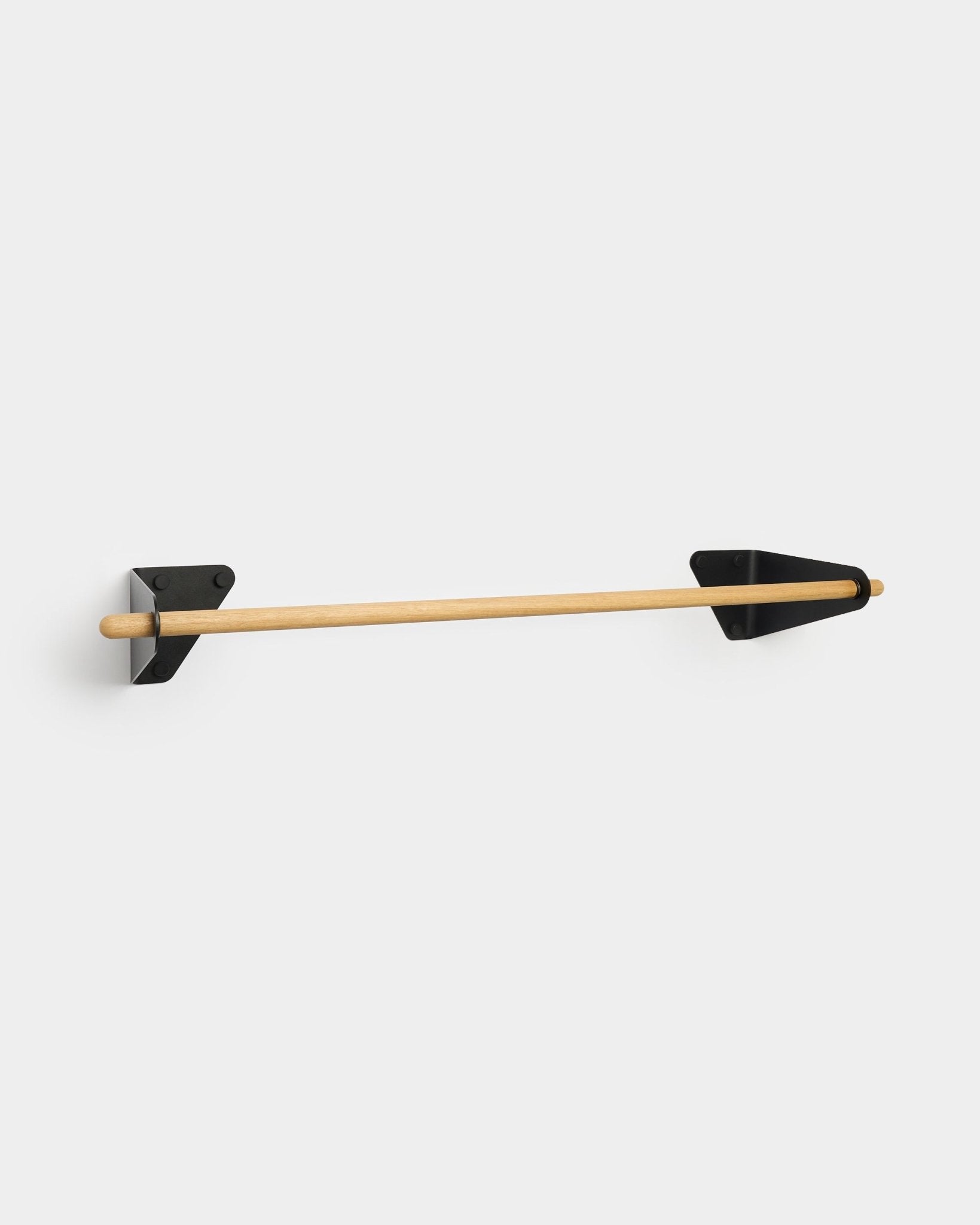 Minimalist 115.9 cm wall-mounted oak coat rail with black metal brackets by WoodUpp, displayed against a white background.