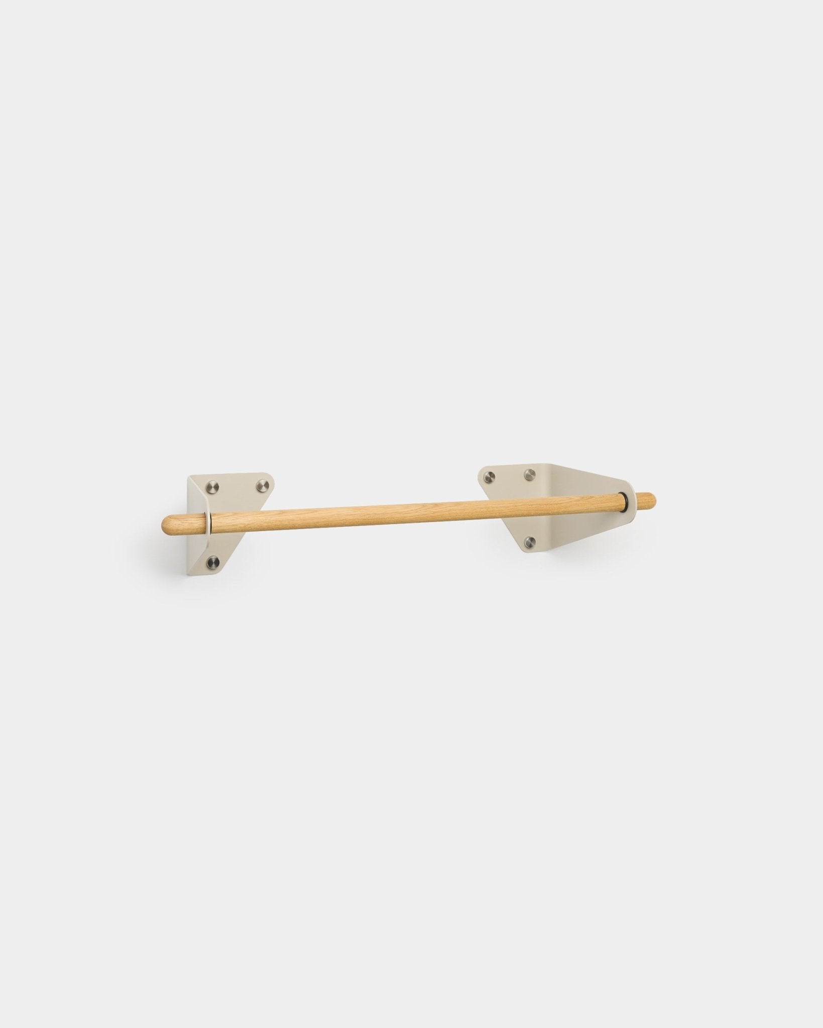 Linn Coat Rail by WoodUpp, Nordic-inspired, features a solid oak rod and two beige triangular brackets, 75.9 cm long, set against a plain white background.