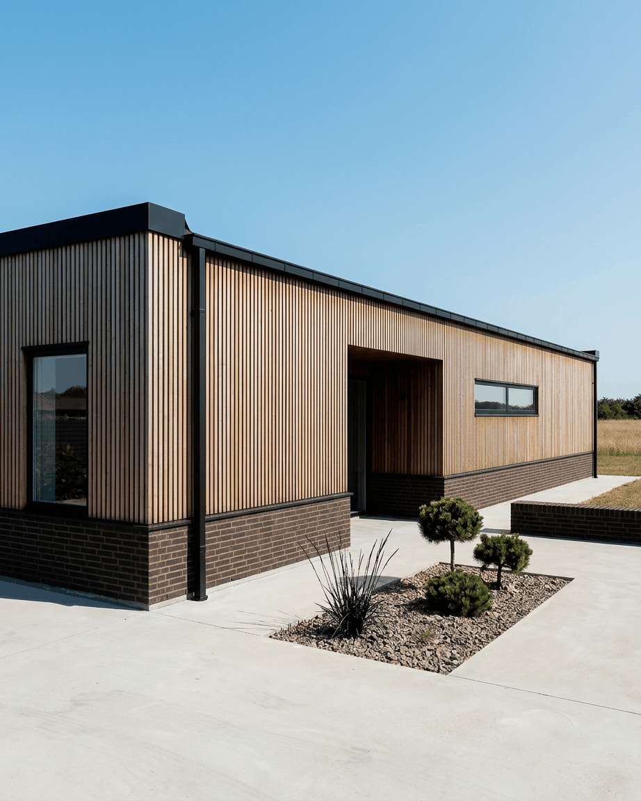 Single-story house with WoodUpp Aluwood facade panels in brown Thermowood, a dark brick base, large windows, and minimal landscaping.