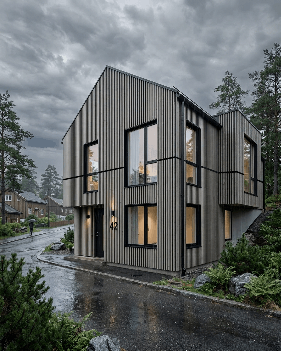 Modern two-story house with large windows, featuring WoodUpp Aluwood Thermowood Grey facade panels, on a rainy day surrounded by trees and greenery.