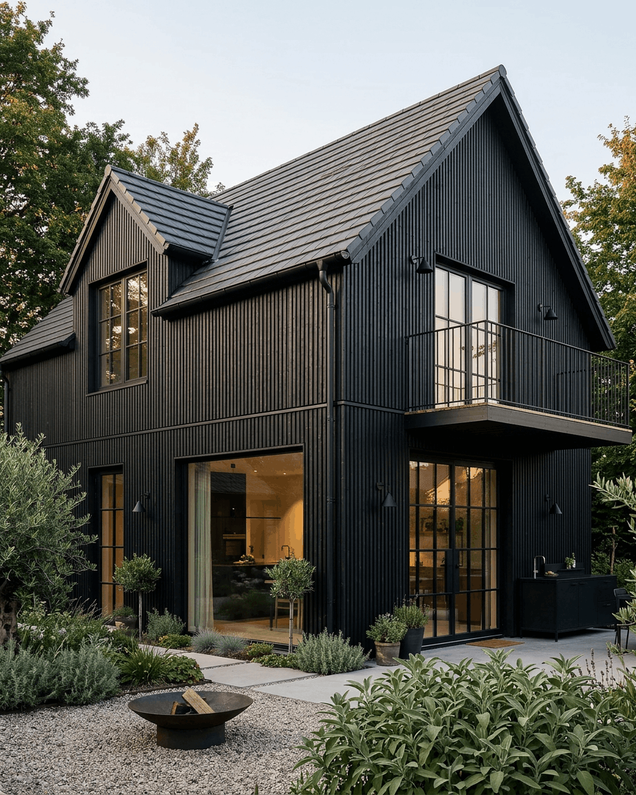 Black house with WoodUpp Aluwood Thermowood facade panels, large windows, balcony, outdoor kitchen, landscaped garden, trees, and front fire pit.