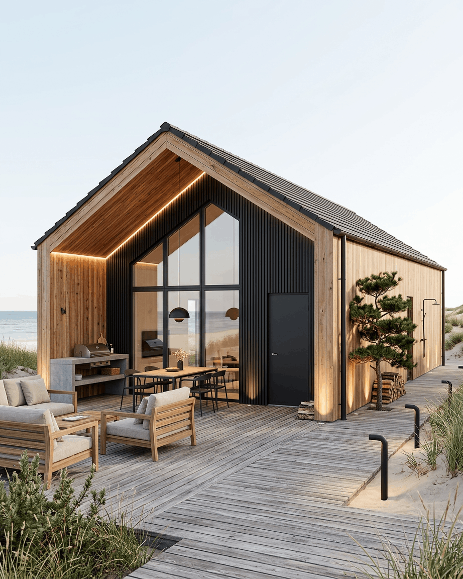 Modern beach house with large glass windows, outdoor seating, and WoodUpp Aluwood black facade panels, surrounded by sand dunes and beach grass.