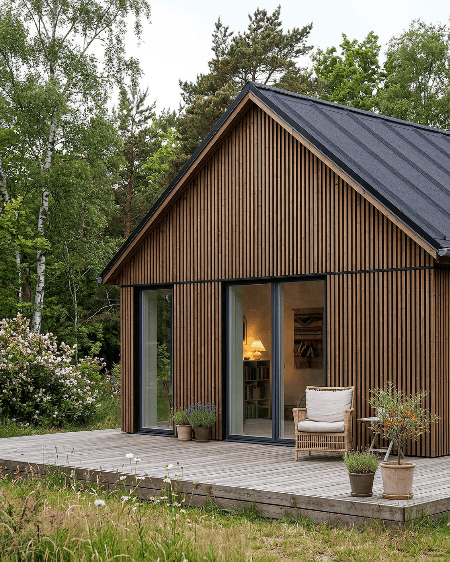 Modern cabin featuring WoodUpp Aluwood outdoor facade panels in oiled brown Thermowood, large glass doors, deck, potted plants, and an outdoor chair among trees.