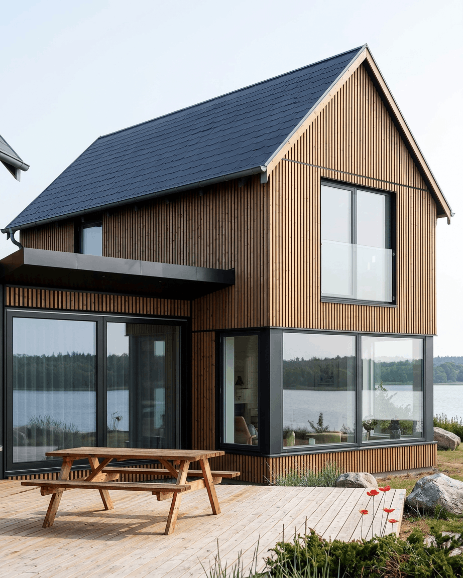 House clad in Aluwood aluminium slat panels in Thermowood Oiled Brown by a lakeside with large windows.