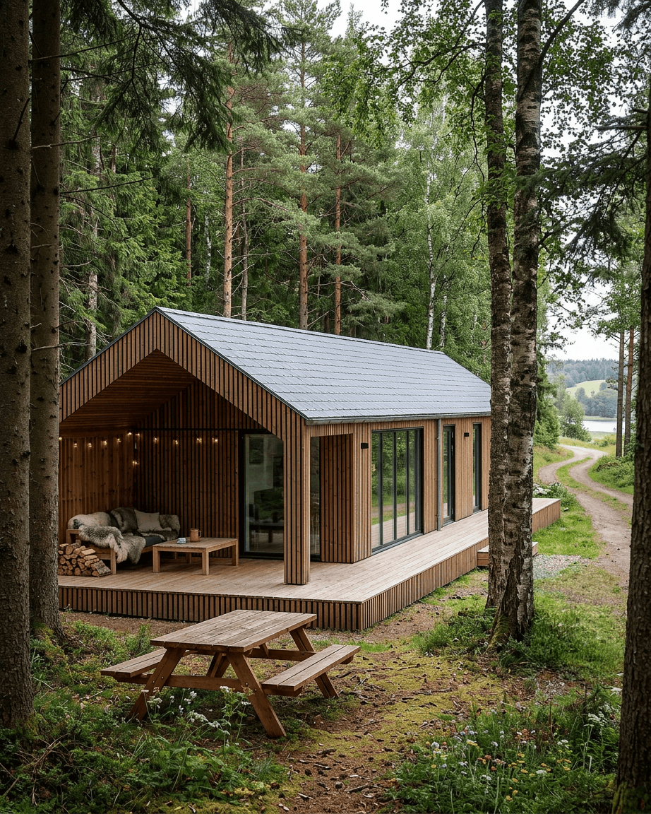 Cabin clad in Aluwood slatted facade panels, large glass doors, picnic table by a lake