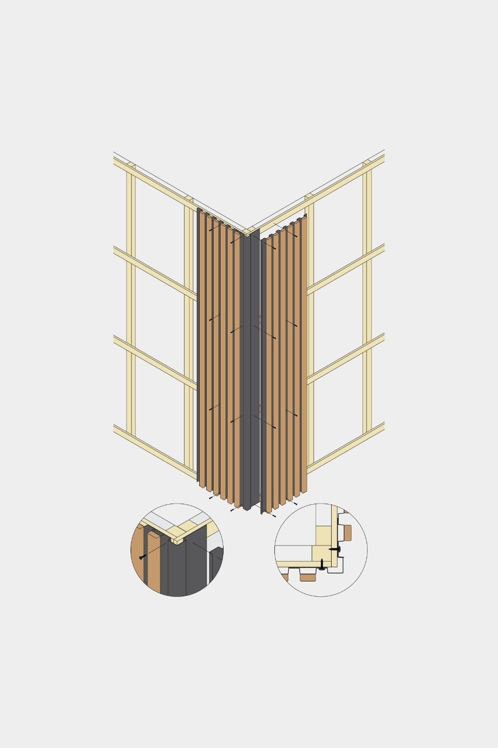 Isometric drawing of a WoodUpp Aluwood facade panel with 240 cm Outside Corner, showing detailed views of the supporting frame and aluminum corner profile.