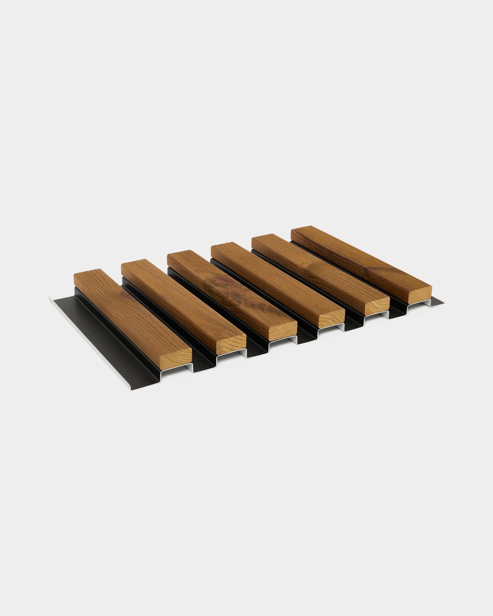 WoodUpp Aluwood facade panel sample in oiled brown (45.7 x 27 cm), featuring alternating wood slats and black strips for acoustic performance.