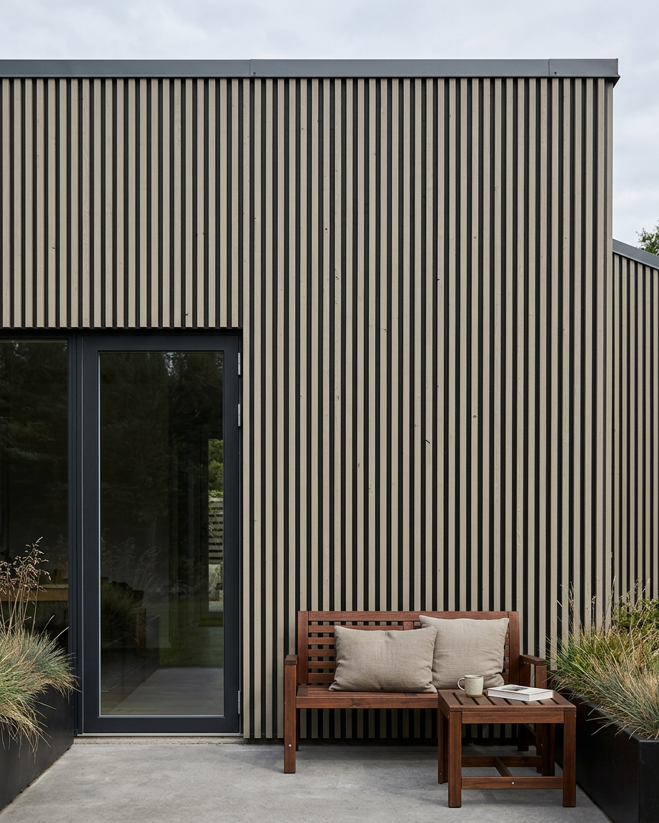 Aluwood aluminium slat cladding on exterior facade with black-framed glass door and wooden bench