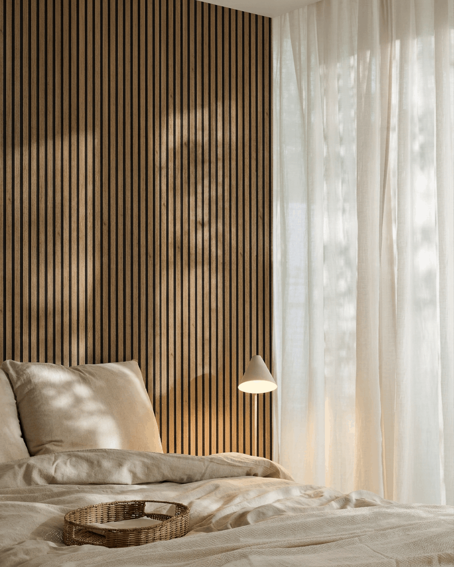 Minimalist bedroom featuring a WoodUpp Akupanel acoustic slatwall (English Oak, Black Felt) accent wall, beige bedding, woven tray, wall lamp, and sheer curtains.