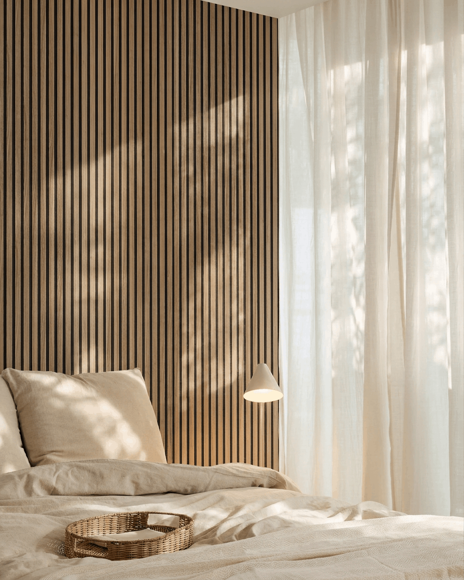 Akupanel | Acoustic Panel / Wood-like, English Walnut, Black Felt, 240 x 60 cm