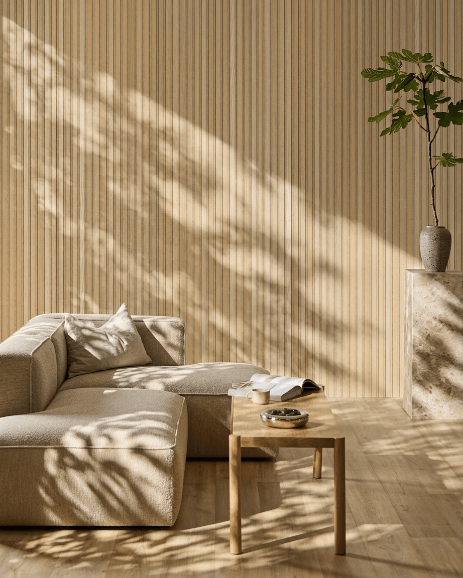 Minimalist living room featuring a WoodUpp Akupanel acoustic panel in Classic Oak with Beige Felt, providing Scandinavian style and acoustic comfort.