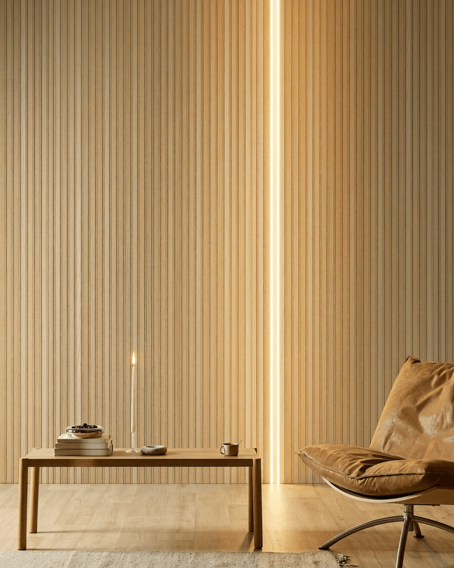 Minimalist room featuring a WoodUpp Akupanel acoustic slat wall, Lumi LED striplight, low wooden table with candle, books, cup, and brown leather chair.